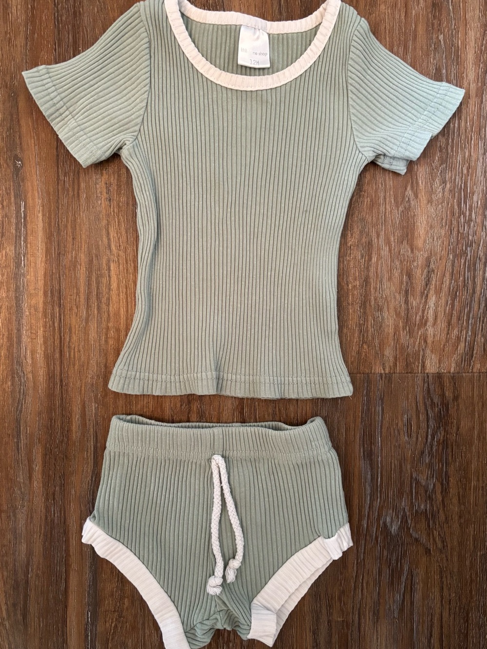 Little One Shop Ribbed Two-Piece Lounge Set in Sage with Cream Trim 12m